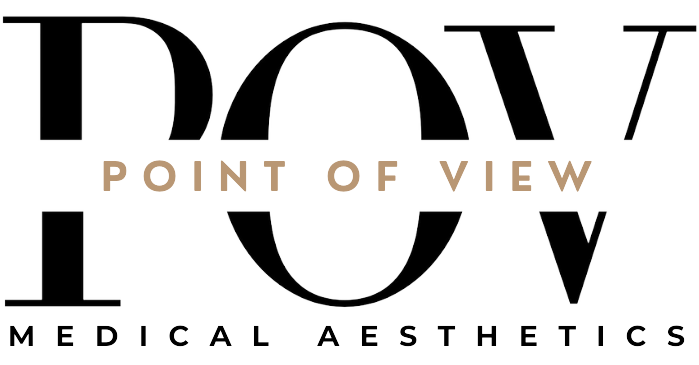 POV Medical Aesthetics logo with large letters POV and Point of View text in smaller, tan letters below.