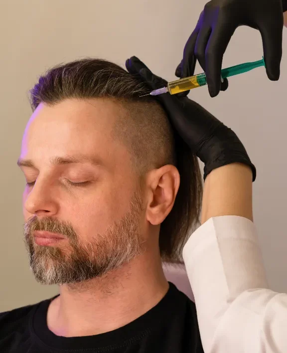 A person receiving a scalp PRP injection for hair growth from a gloved professional.