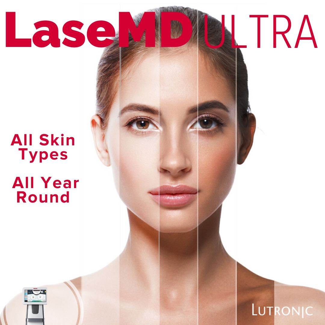 LaseMD Ultra advertisement featuring a womans face with varying skin tones. Text reads: All Skin Types, All Year Round.